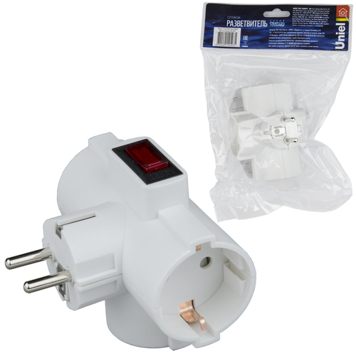 S-GES3-16TR Разветвитель сетевой с защитой и с выключателем. 3 гнезда, с/з. 16А. 3500Вт. Белый. ТМ Uniel