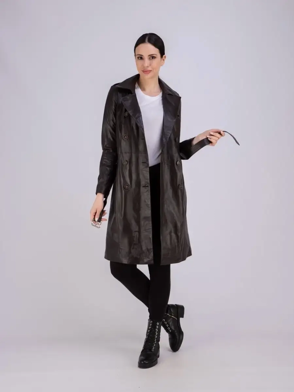 Тренч длинный кожаный с поясом плащ на весну