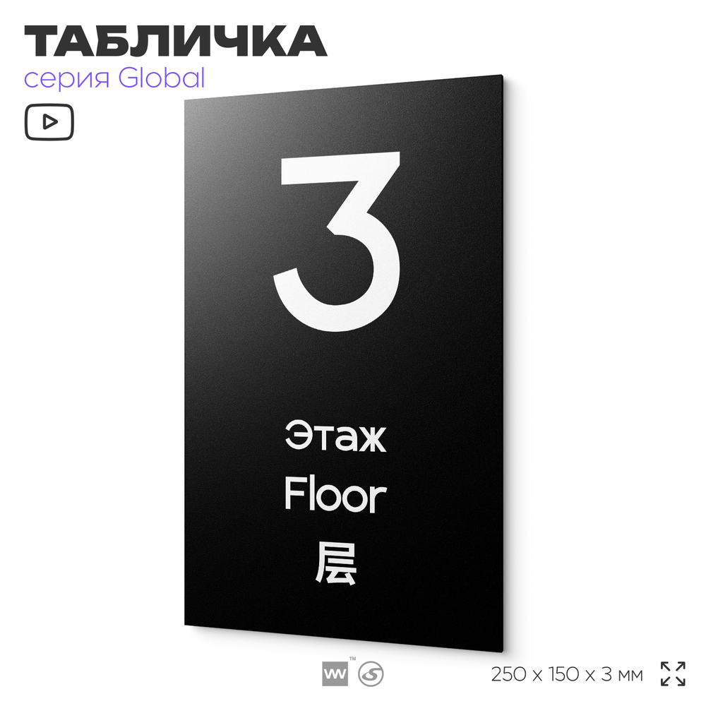 Табличка с номером Этаж 3, на дверь и стену, информационная и мультиязычная (русский, английский, китайский), серия GLOBAL, 25х15 см, Айдентика Технолоджи