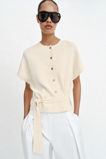 ZARA КАРДИГАН С ПОЯСОМ, ЭКРЮ