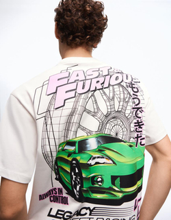 BERSHKA Футболка свободного кроя «Fast & Furious», белый