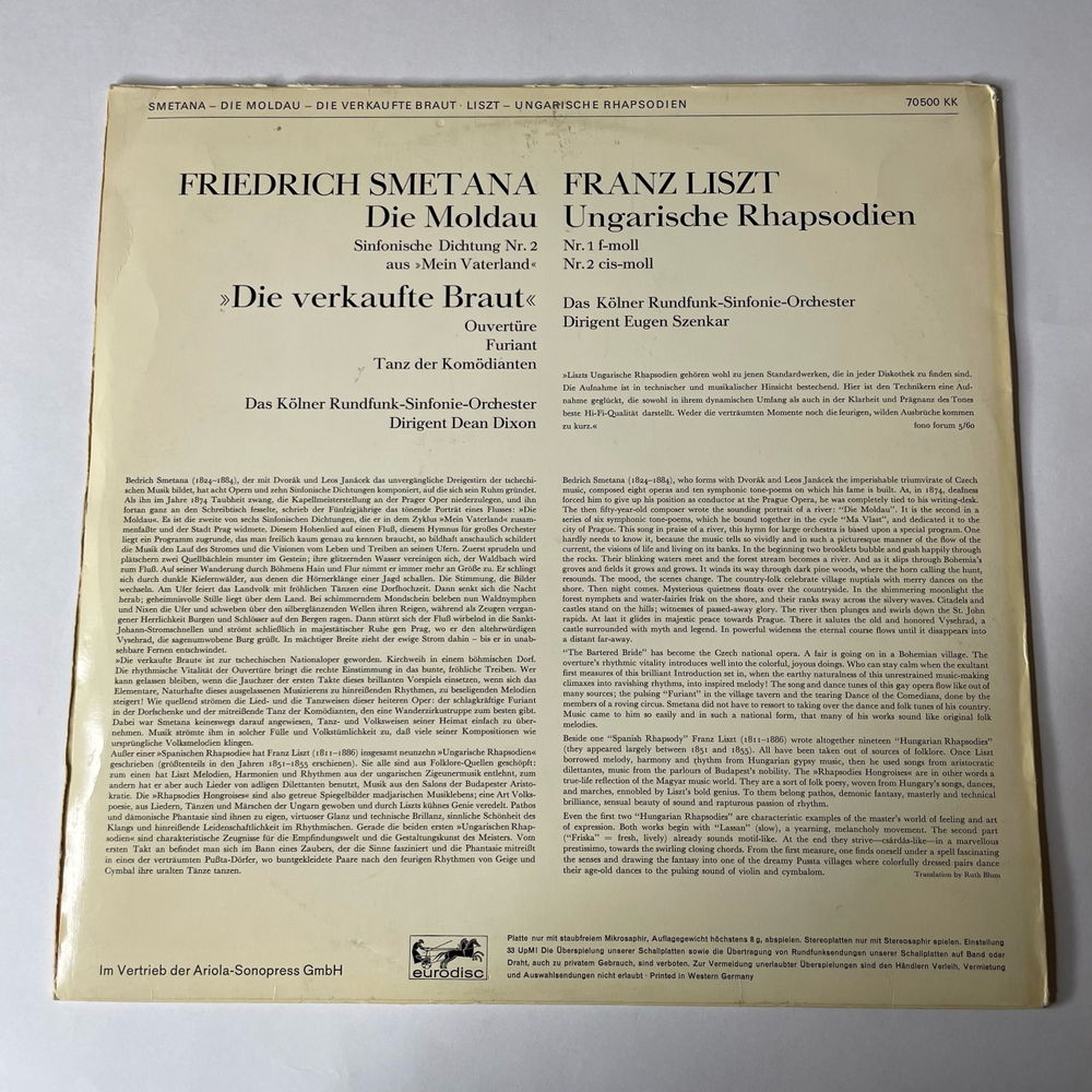 Винтажная виниловая пластинка LP F. Liszt Ф. Лист, Ф. Сметана F. Smetana, Die Moldau Ungarische Rhapsodien, Die Verkaufte Braut (Германия 1970)