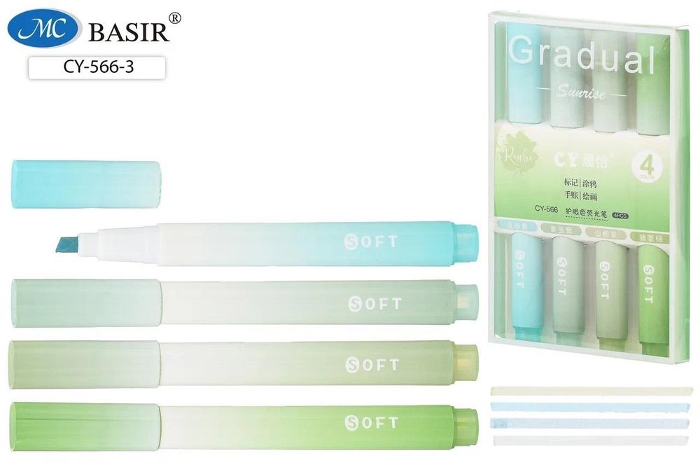 Набор текстмаркеров 4цв зелёные оттенки, на водной основе "PASTEL" (Basir) Набор текстмаркеров 4цв зелёные оттенки, на водной основе "PASTEL" (Basir)