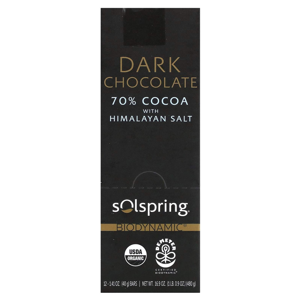 Dr. Mercola, Solspring®, Biodynamic®, темный шоколад, 70% какао с гималайской солью, 12 плиток по 40 г (1,41 унции)