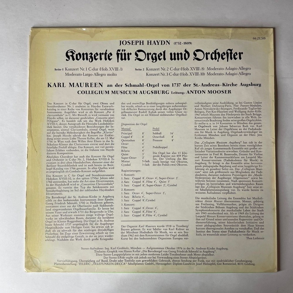 Винтажная виниловая пластинка LP Joseph Haydn Йозеф Гайдн, Karl Maureen, Konzerte fur Orgel und Orchester Nr. 1-3 (Германия 1977)