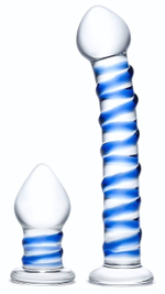 Набор из 2 стеклянных игрушек с синей спиралью Swirly Dildo & Buttplug Set (Цвет: прозрачный)