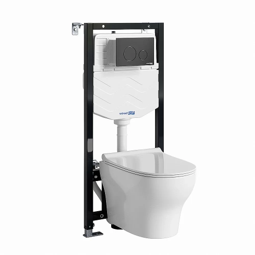 Унитаз подвесной WasserKRAFT Berkel 10TLT.010.ME.MB02.H001 безободковый, с инсталляцией Aller 10, с крышкой микролифт, белый/кнопка черный Soft Touch