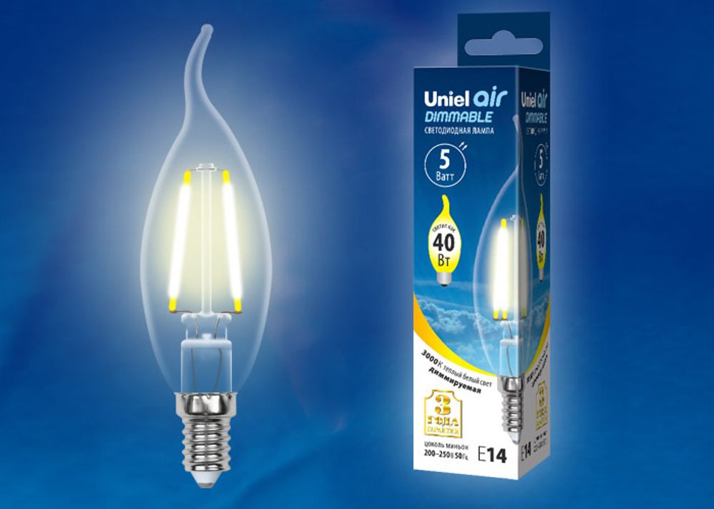 LED-CW35-5W/WW/E14/CL/DIM GLA01TR Лампа светодиодная диммируемая. Форма свеча на ветру, прозрачная. Серия Air. Теплый белый свет (3000K). Картон. ТМ