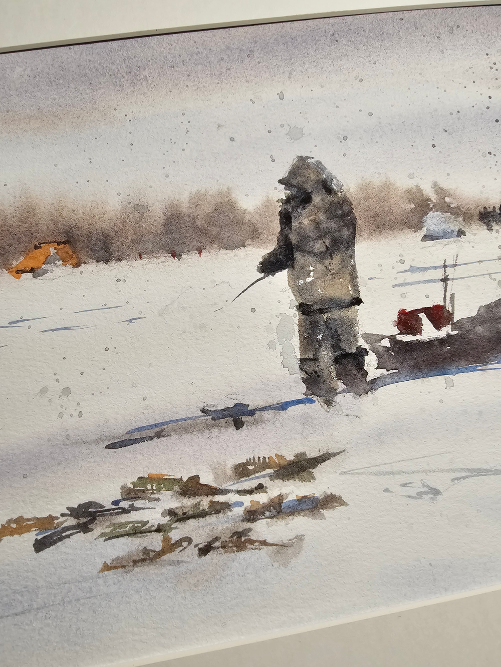 Картина авторская акварельная в паспарту 30х40 см на стену для интерьера "Зимняя рыбалка"