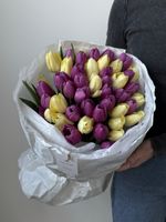 Букет из 51 фиолетового и желтого тюльпана-L