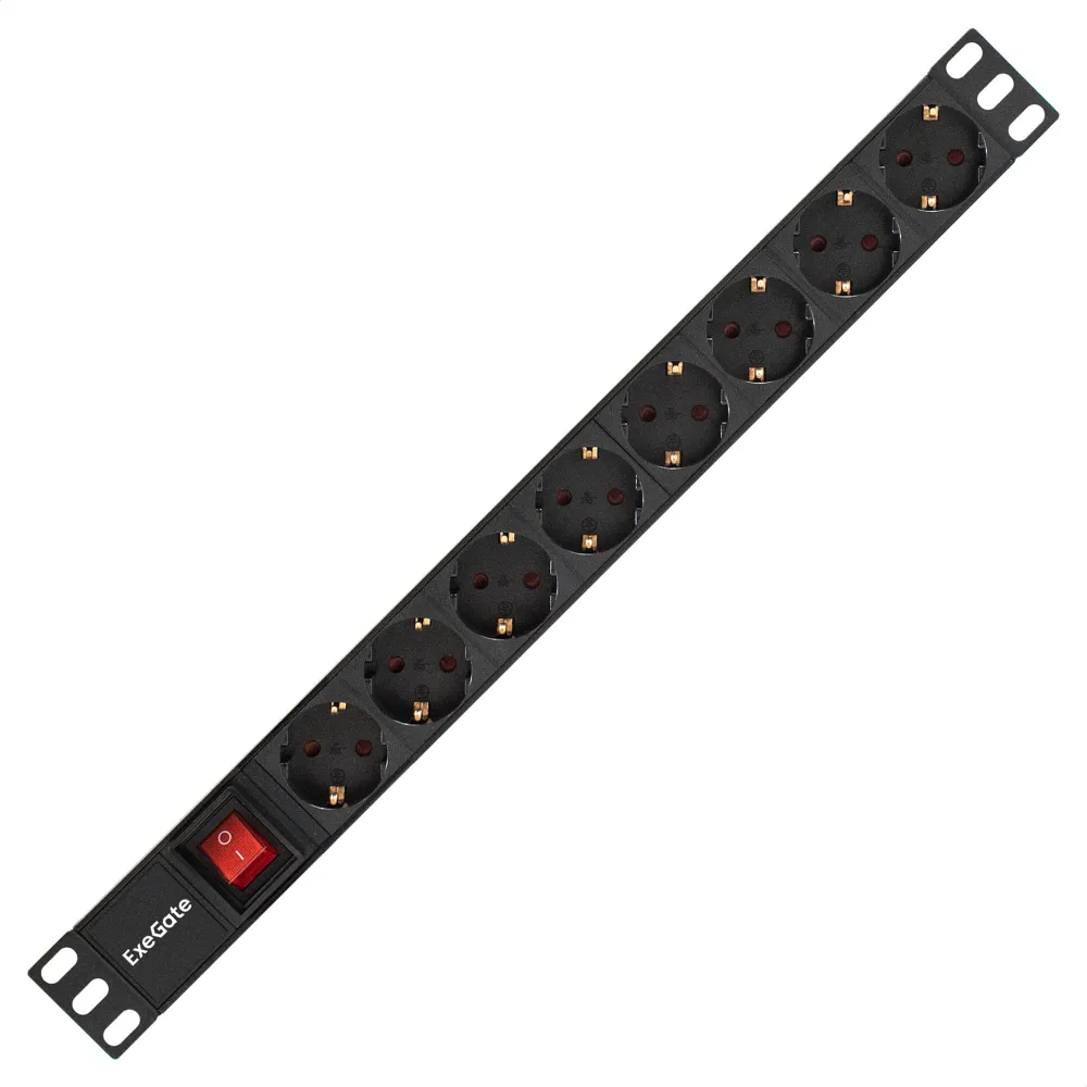 Блок розеток горизонтальный ExeGate ServerPro PDU-19H802 Al-8S-EU1.8-SW, 19", 1U, Алюминий 8 Schuko кабель с евровилкой 1.8 метра, выкл. с подсветкой, черный