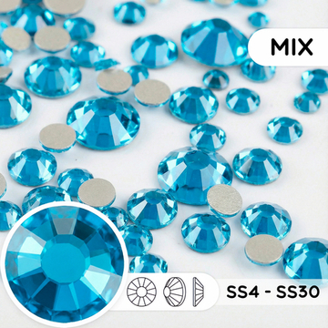 Стеклянные стразы холодной фиксации “Aquamarine” — микс размеров SS4–SS30