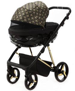 Детская коляска Adamex Quantum SE Exclusive 2 в 1 Q-DW518 (ЧЕРНЫЙ+ЗОЛОТОЙ ОРНАМЕНТ+ЗОЛОТО РАМА)