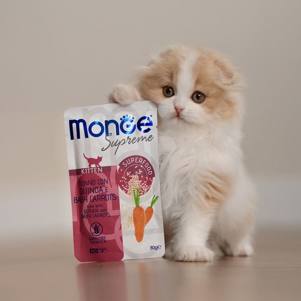 Пауч Monge Supreme kitten для котят из тунца с киноа и мини-морковью Пауч Monge Supreme kitten для котят из тунца с киноа и мини-морковью