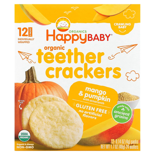 Happy Family Organics, Happy Baby, органические крекеры для зубов, манго и тыква с амарантом, 12 пакетиков по 4 г (0,14 унции)