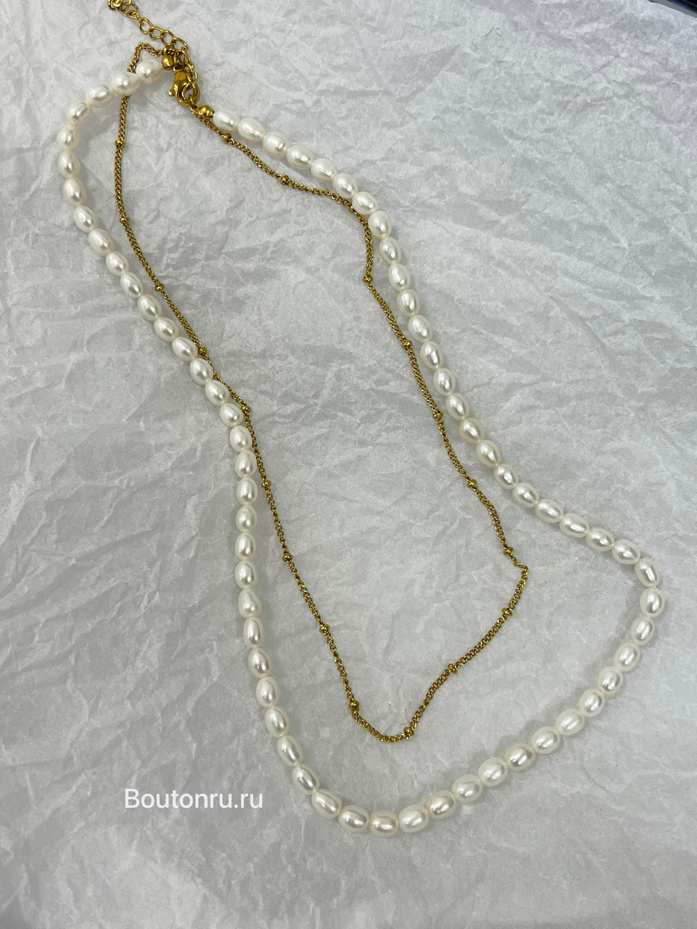 Колье двойное с жемчугом и золотистой цепочкой