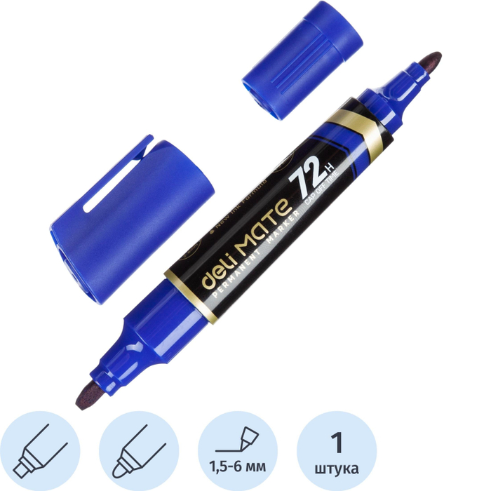 Маркер перманентный двусторонний Deli Mate 1,5/2-6 мм синий EU72-BL