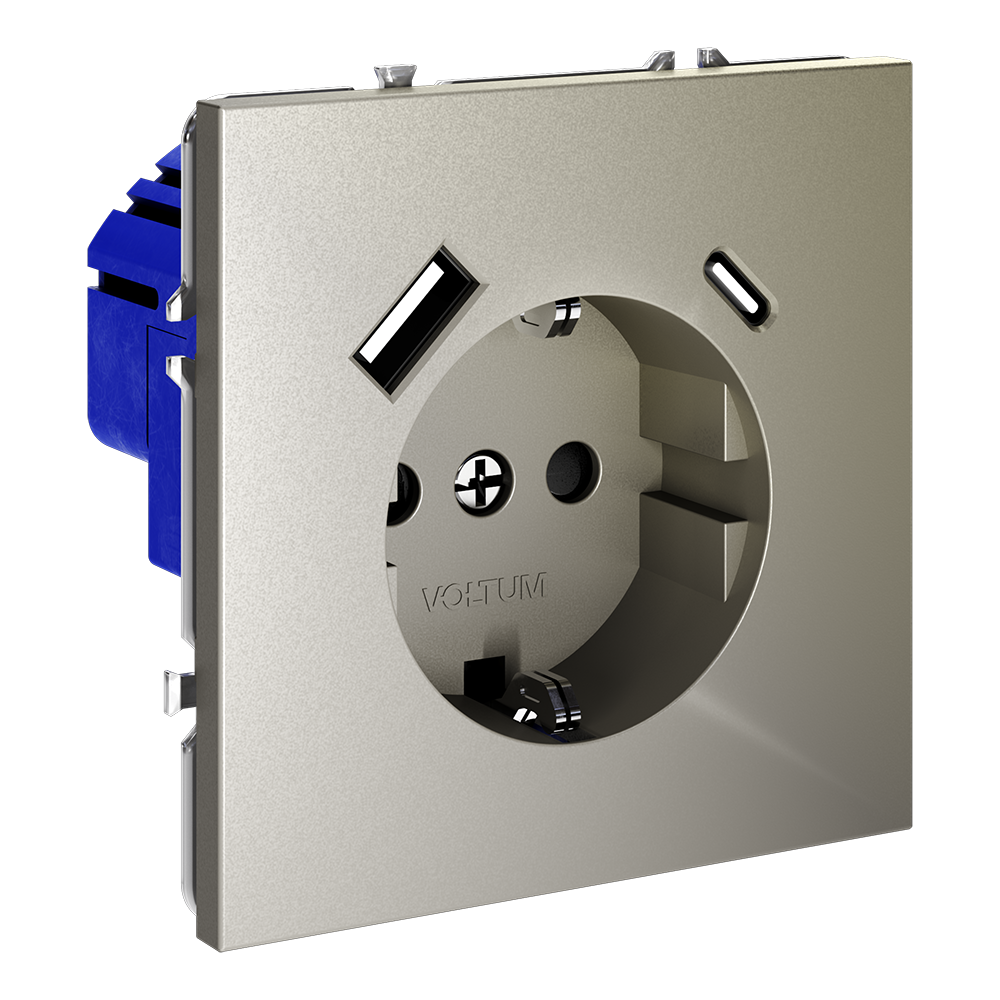 Розетка встраиваемая VOLTUM S70 с заземлением и защитными шторками, 16А, с USB, A+С, (шелк)