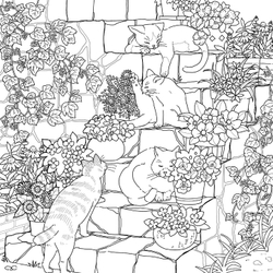 A floral journey of a cat seeking the joyful bell. Coloring Book