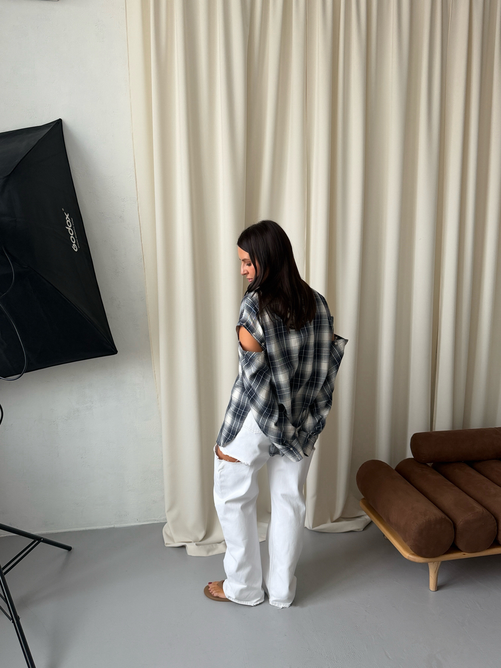 Рубашка трансформер в клетку серо-синяя