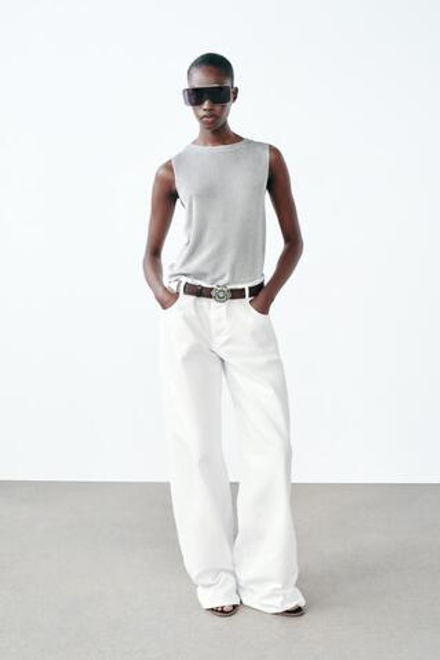 ZARA ОДНОТОННЫЙ ТРИКОТАЖНЫЙ ТОП С БЛЕСТЯЩЕЙ НИТЬЮ, СЕРЕБРИСТЫЙ
