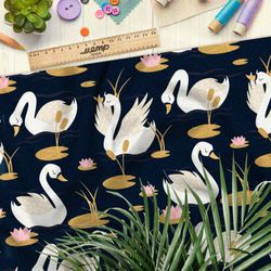 Ткань таффета белые лебеди с кувшинками на чёрном фоне