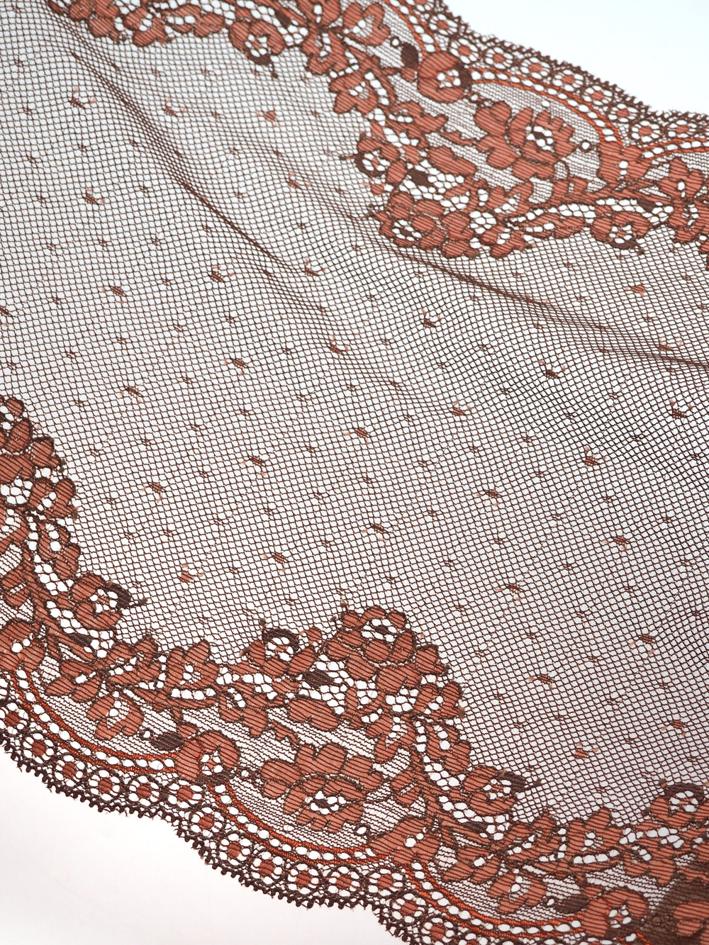 Эластичное кружево коричневое с коралловым ОТРЕЗ 0,7 м