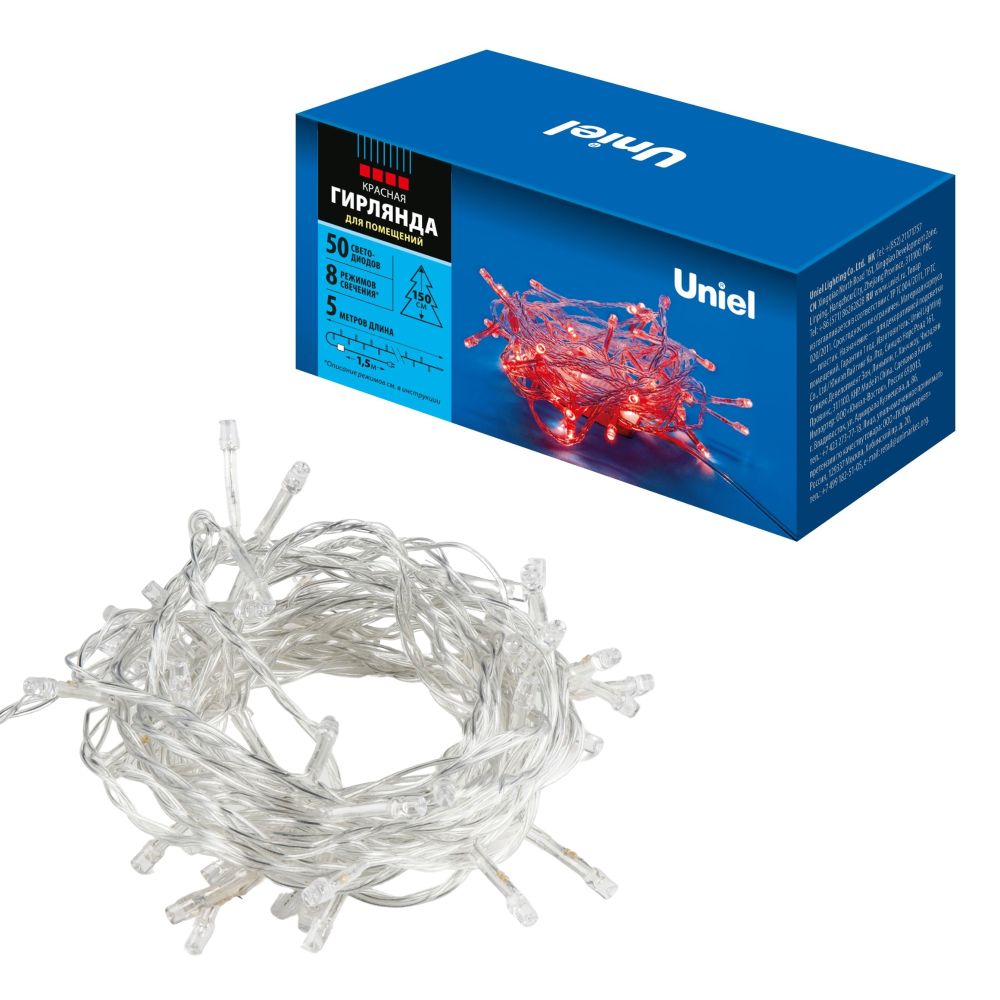 ULD-S0500-050/DTA RED IP20 Гирлянда светодиодная, 5м. 50 светодиодов. Красный свет. Провод прозрачный. ТМ Uniel