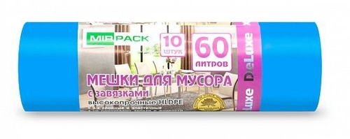 ПАКЕТЫ Д/МУСОРА MIRPACK DELUXE С ЗАВЯЗКАМИ 60Л 35МКМ СИНИЕ 10ШТ*25РУЛ