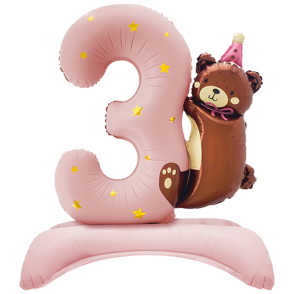Цифра на 3 ГОДА "Розовая с медвежонком" 89 см