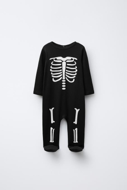 ZARA ПИЖАМА-СЛИП С ПРЕОБРАЗУЕМЫМИ СТОПАМИ, СКЕЛЕТ, СВЕТЯЩАЯСЯ В ТЕМНОТЕ, ЧЕРНЫЙ