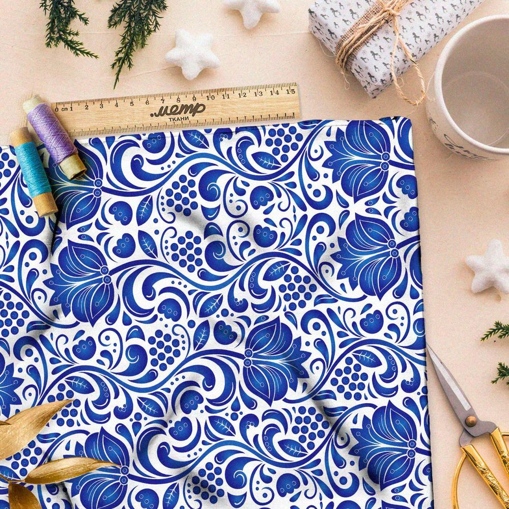 Ткань премиум таффета фантазия на тему гжели