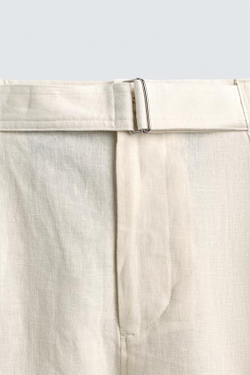 ZARA БРЮКИ СВОБОДНОГО КРОЯ ИЗ 100% ЛЬНА С РЕМНЕМ, ЖЕЛТОВАТО-БЕЛЫЙ