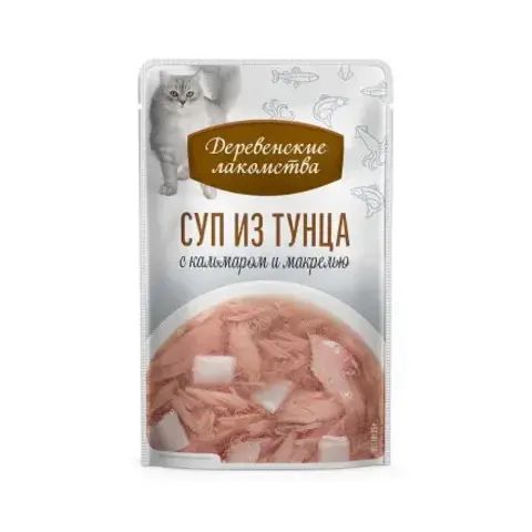 Деревенские лакомства консервы для кошек «Суп из тунца с кальмаром и макрелью», пауч 35г*4 шт