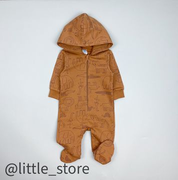 Комбинезон "Я родился" из футера с начесом, Звери на коричневом