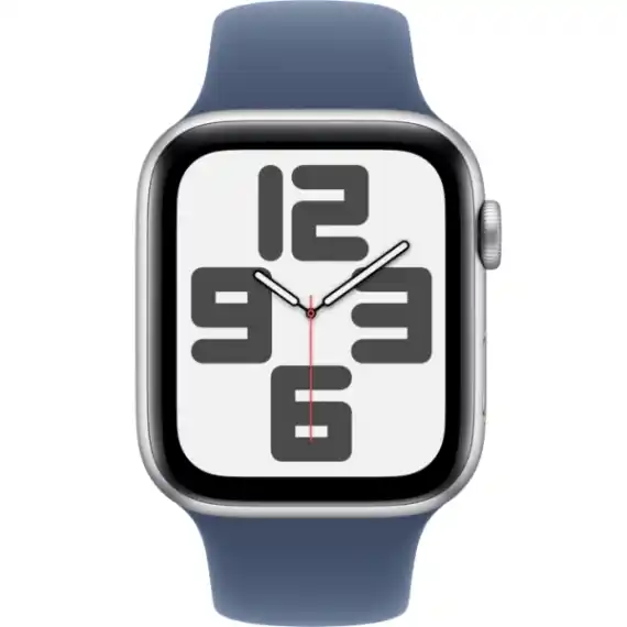 Умные часы Apple Watch SE 2024, 44 мм, корпус из алюминия серебристого цвета, спортивный ремешок цвета «синий деним» M/L (MXGQ3)