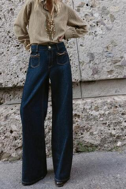 ZARA ДЖИНСЫ Z1975 WIDE-LEG СРЕДНЕЙ ПОСАДКИ С ЦЕПОЧКАМИ, СИНИЙ