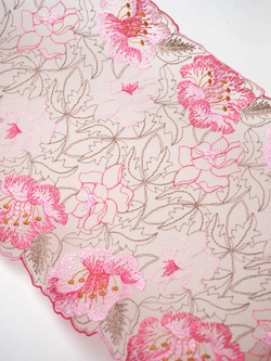 Вышивка на сетке светло-бежевая с розовым, нежно-розовым и хаки эластичная ширина 21 см