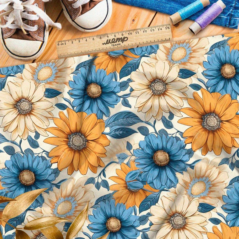 Ткань премиум таффета голубые и оранжевые цветы