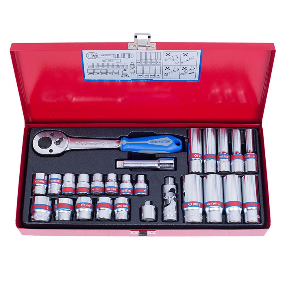 KING TONY (3027SR) Набор торцевых головок с принадлежностями 3/8", 12-гранные, 1/4"-13/16", 26 предметов