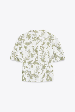 ZARA ТОП С ПРИНТОМ, ПЕРФОРИРОВАННОЙ ВЫШИВКОЙ, ЭКРЮ/ХАКИ