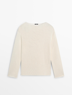 Massimo Dutti Свитер из смесового хлопка с ажурным узором, натуральный/кремовый
