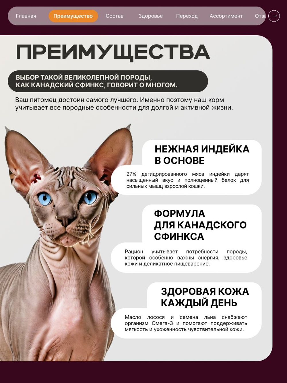 Корм сухой для кошек породы Канадский сфинкс, с индейкой, 2 кг, QUATTRO
