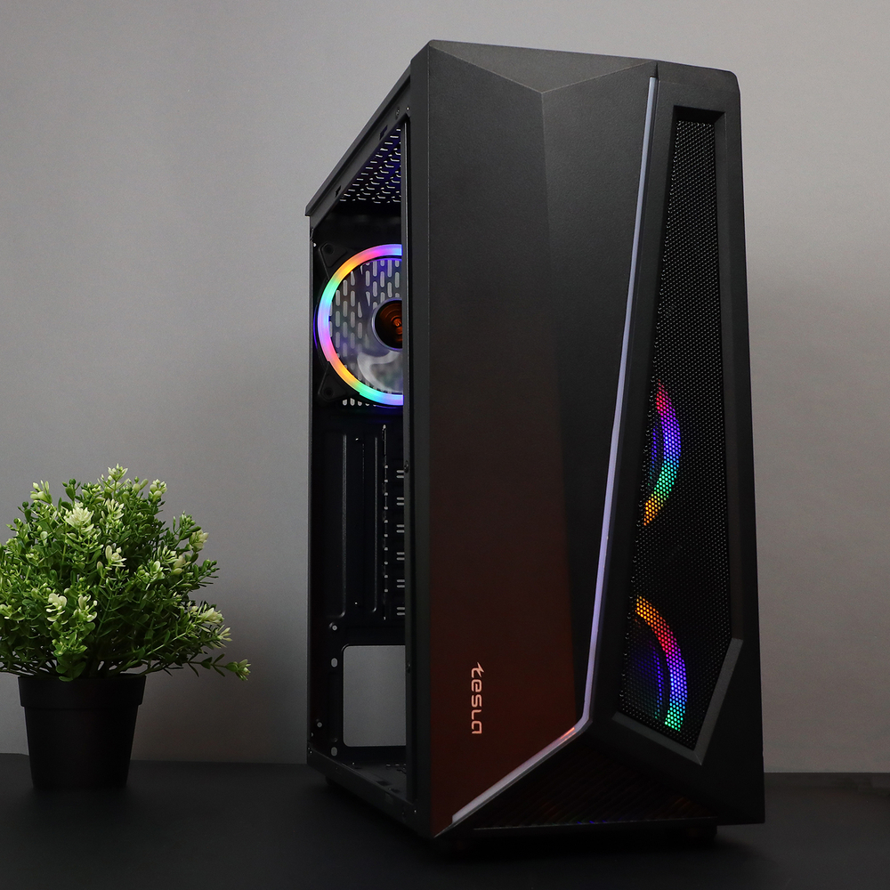 Корпус TESLA TSL-100, Без БП, ATX, RGB, чёрный, 4xRGB FAN, 2xUSB2, 1xUSB3, бок: закалённое стекло (TSL-100-4FB-RGB)