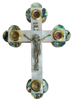 Крест распятие Иерусалимский из оливы, с белым перламутром, 4 вставками, высота 14 см
