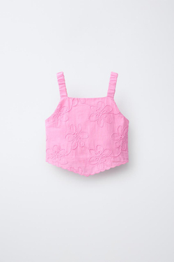 ZARA ТОП С ВЫШИВКОЙ ЦВЕТОВ, МЯГКИЙ РОЗОВЫЙ