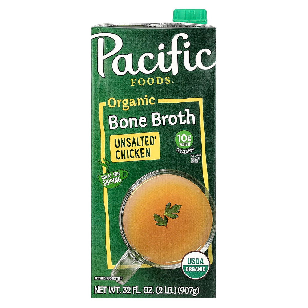 Pacific Foods, органический костный бульон, несоленый куриный, 907 г (32 жидк. унции)