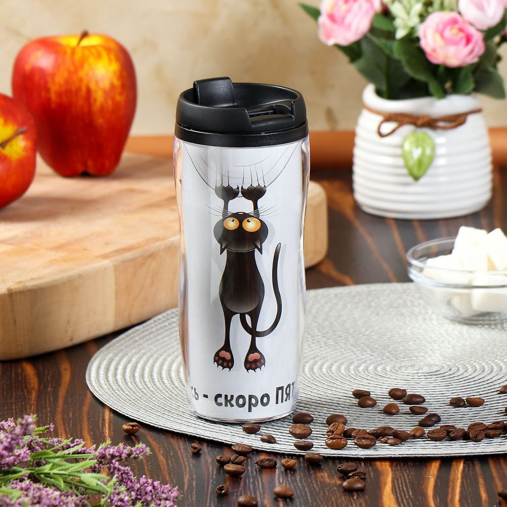 Термокружка пластик, 0.38 л, Daniks, Кот, колба пластик, YYCF001-12