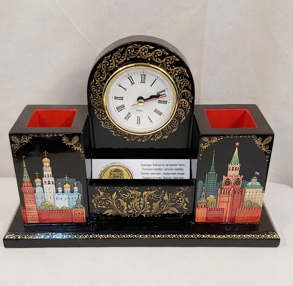 Настольный набор с часами с ручной росписью Палех "Москва " №2