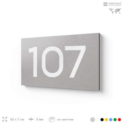 Номер на дверь квартиры 107, табличка на дверь для офиса, кабинета, аудитории, склада, серый 120х70 мм, Айдентика Технолоджи